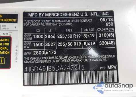 2013 Mercedes-Benz Ml 350 z USA, uszkodzony, nr VIN 4JGDA5JB5DA247215